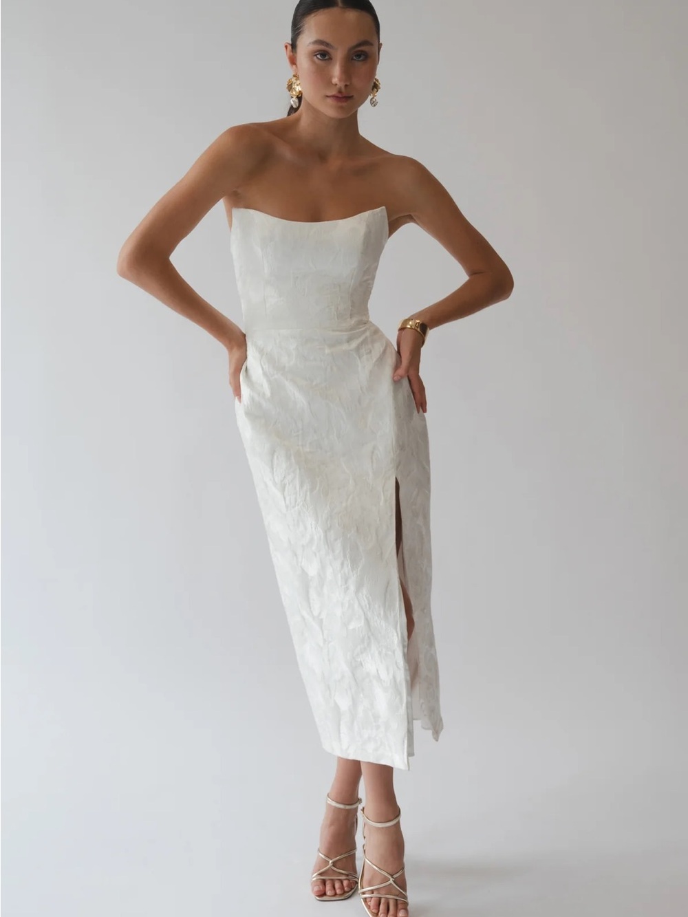 Jenny Yoo Marilyn White Strapless Midi Dress with Side Slit